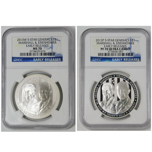 2 COIN SET - 2013 P&W Commemorative 5 Star Generals Silver Dollars NGC PF70 UC & MS70