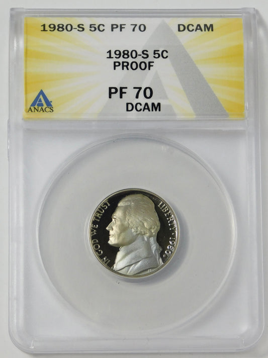 1980-S Jefferson Nickel TOP GRADE! ANACS Gem Proof 70 Ultra Cameo