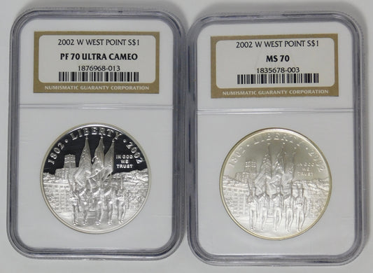 2002 W Commemorative "West Point" Silver Dollar NGC MS-70 & PF-70 Ultra Cameo