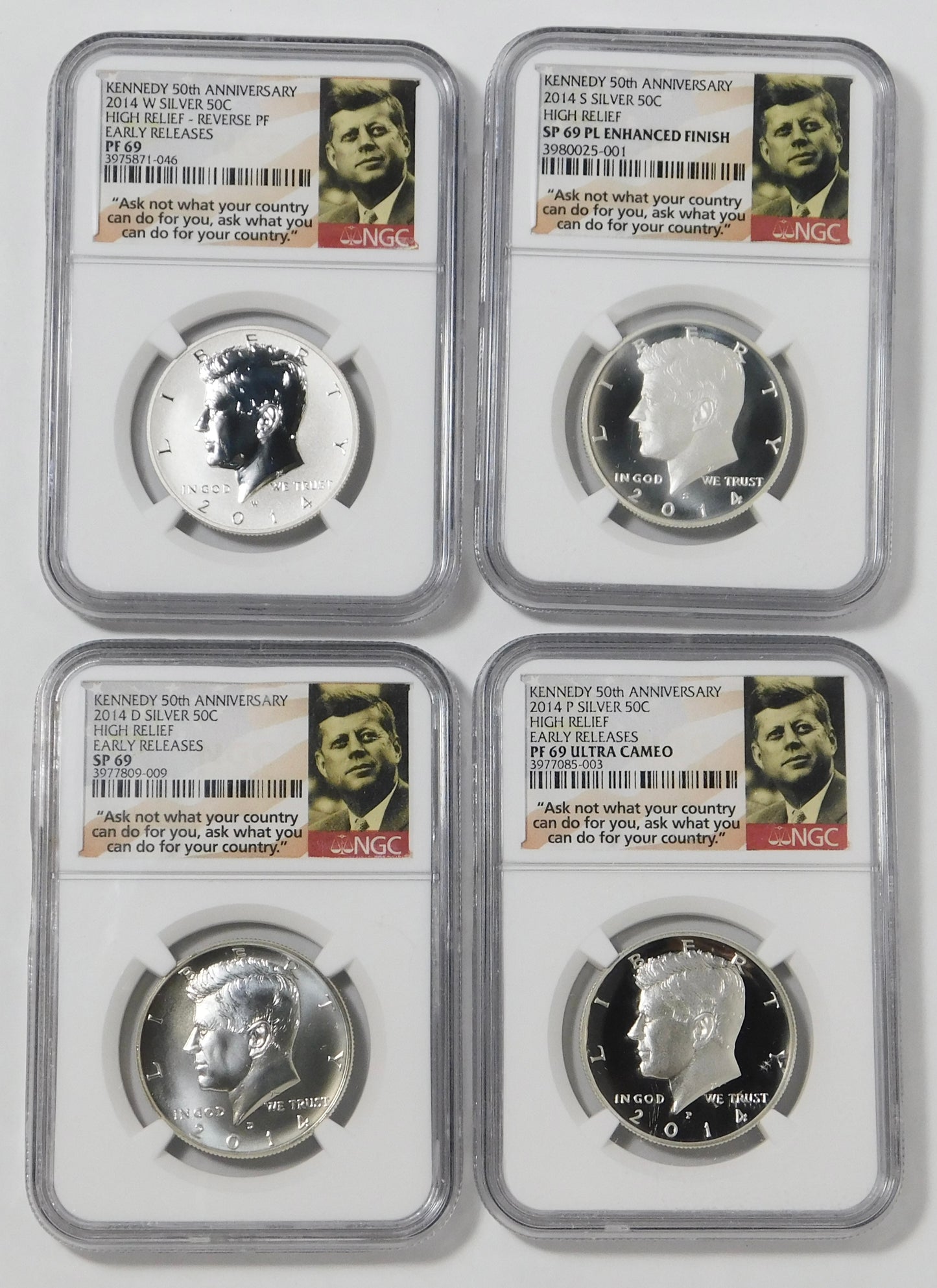 2014 Kennedy High Relief Silver Half Dollar Set 50th Anniversary! NGC SP69/SP69 PL/Proof-69 (4 Coins)