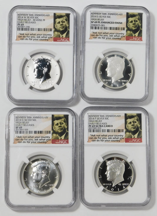 2014 Kennedy High Relief Silver Half Dollar Set 50th Anniversary! NGC SP69/SP69 PL/Proof-69 (4 Coins)