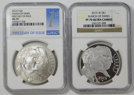 2015 P&W Commemorative March of Dimes Silver Dollars NGC PR70DACAM & MS-70