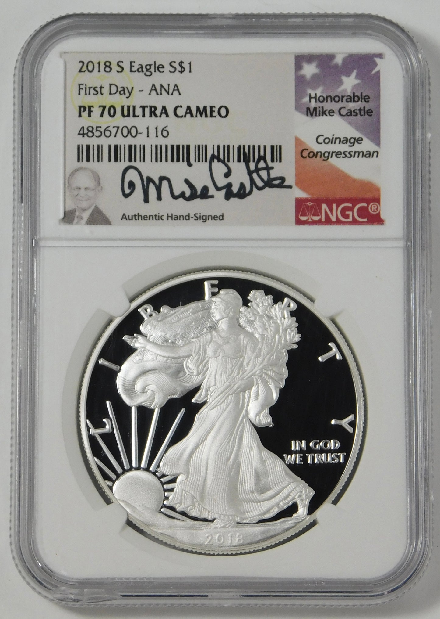 2018-S Silver Eagle First Day - ANA NGC PF70 UC Mike Castle Signed