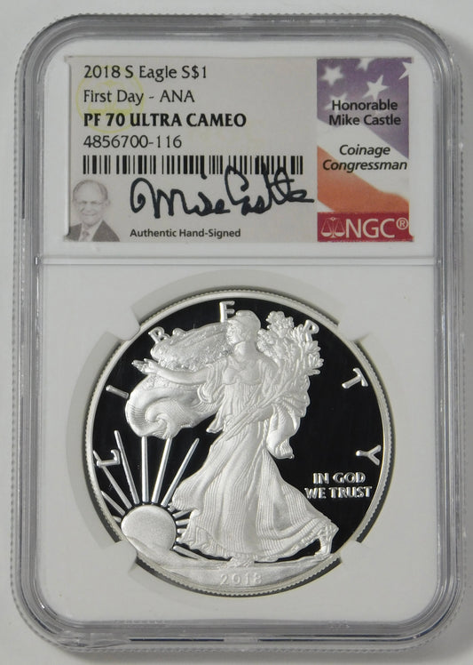 2018-S Silver Eagle First Day - ANA NGC PF70 UC Mike Castle Signed