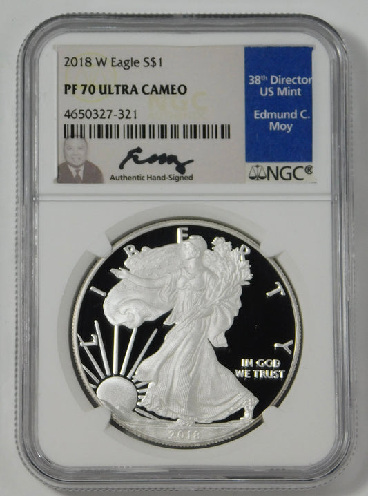 2018-W Silver American Eagle NGC PF-70 Ultra Cameo Moy Signed