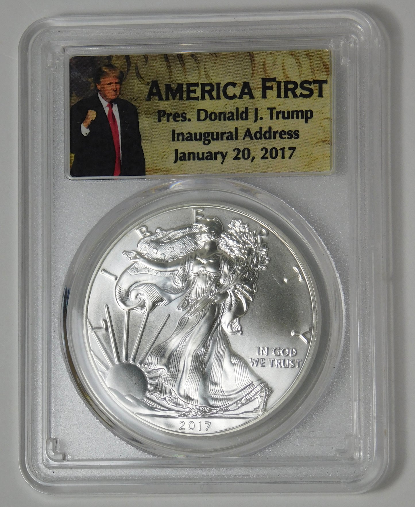 2017 Silver Eagle First Strike D. Trump Inaugural Label PCGS MS70