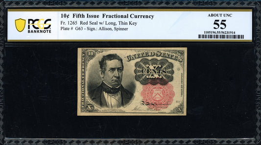 Fifth Issue 10 Cents Fractional Currency Note Red Seal W/ Long, Thin Key PCGS About Unc 55