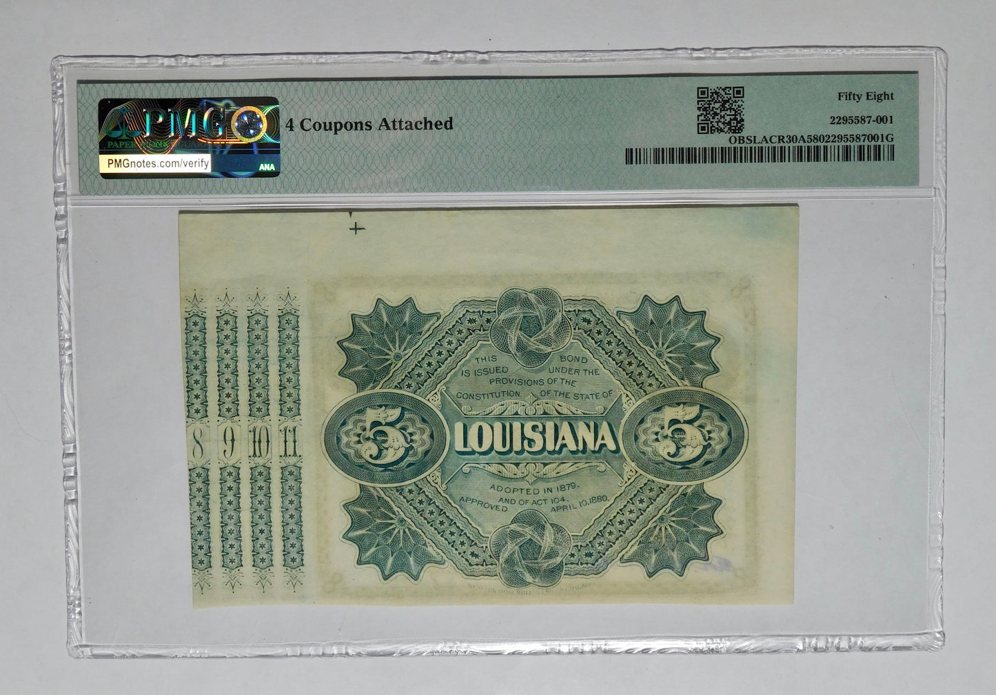 1870's $5 New Orleans State of Louisiana "Baby Bond". PMG Choice AU58