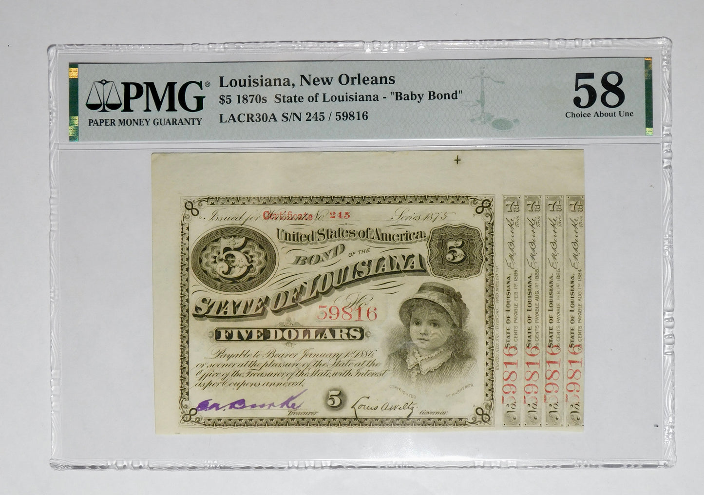 1870's $5 New Orleans State of Louisiana "Baby Bond". PMG Choice AU58