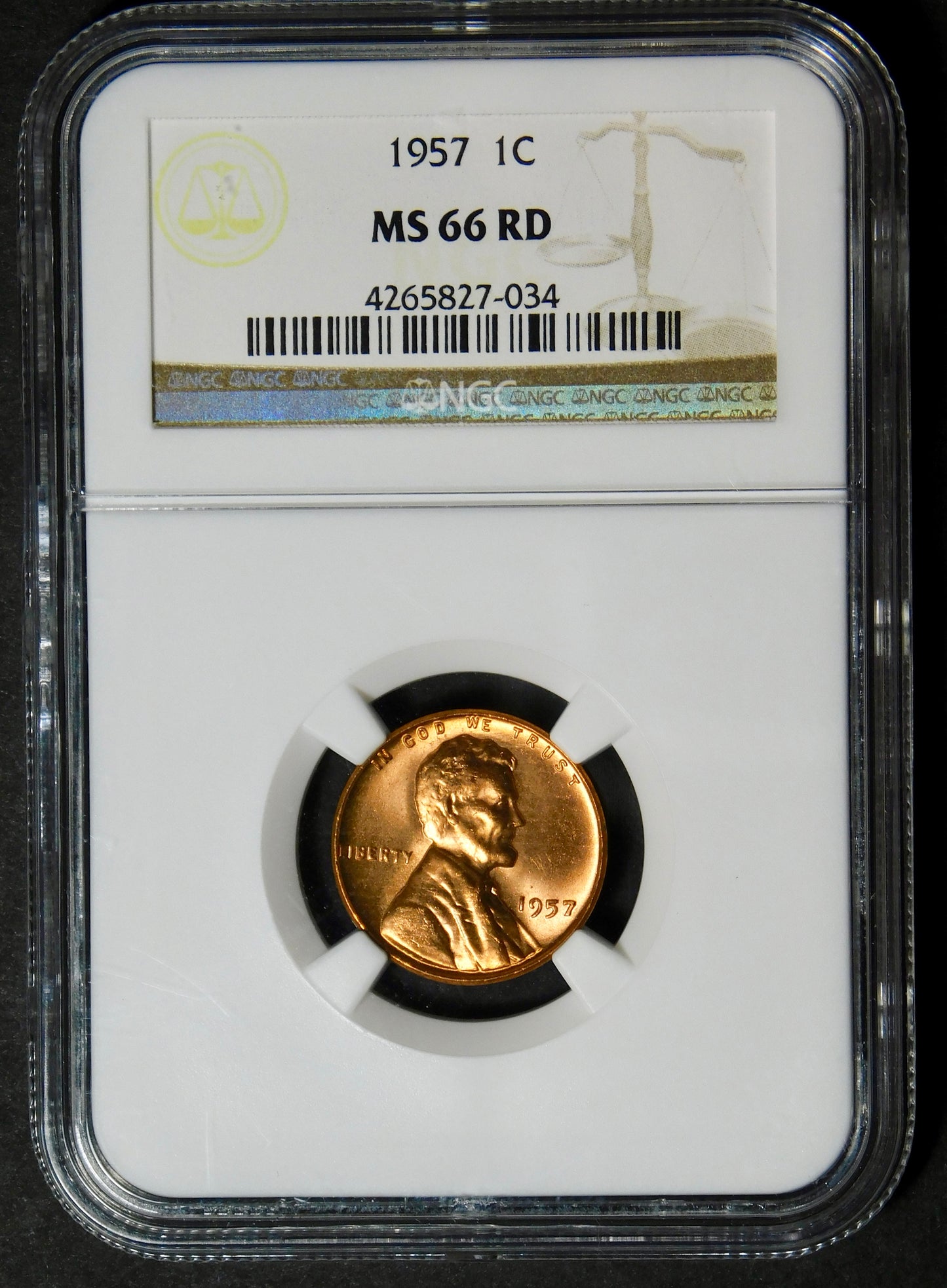 1957 Lincoln Wheat Cent. NGC Mint State 66 RD