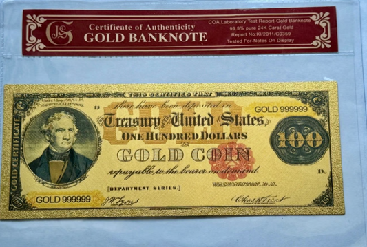 1882 U.S. Treasury Banknote 24K Gold-Foil Note / COA