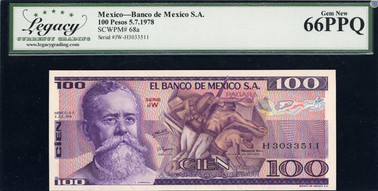 1978 100 Pesos Banco de Mexico Note SCWPM-68a Legacy Gem New 66 PPQ