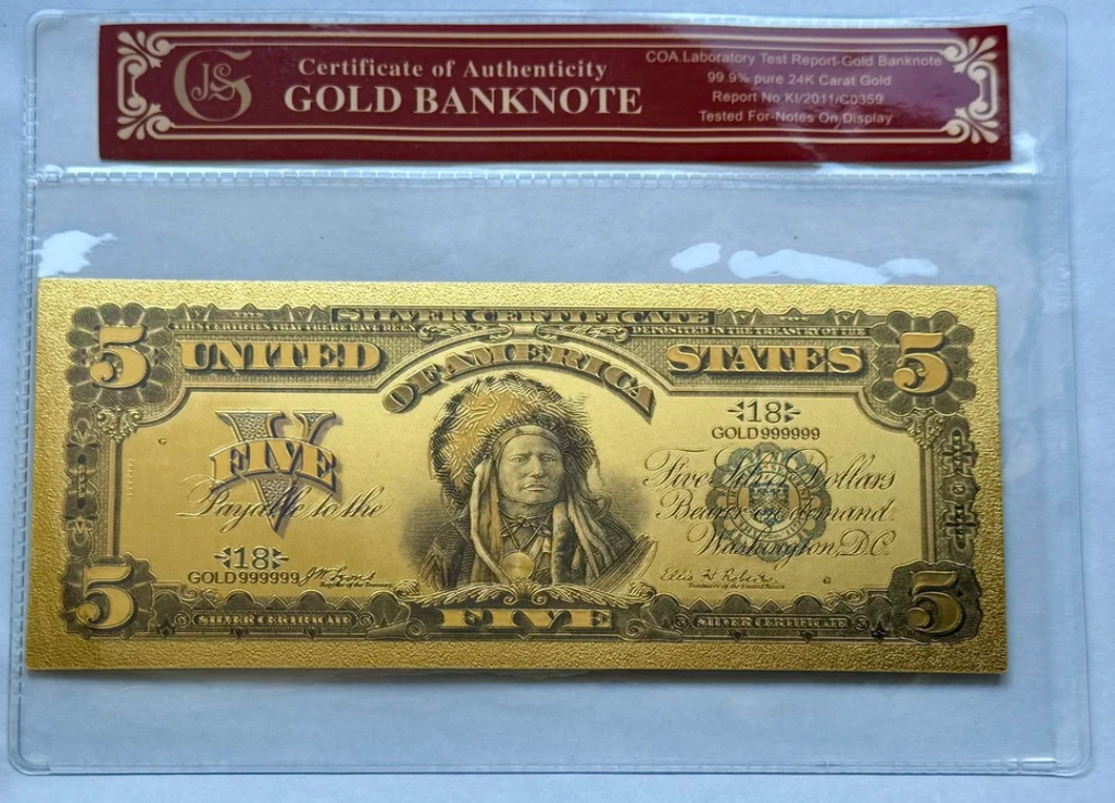 1899 Indian Chief Silver Certificate 24K Gold Plated Note / COA