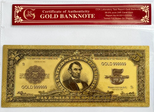 1923 Abraham Lincoln Banknote GoldFoil Note Protective Holder / COA