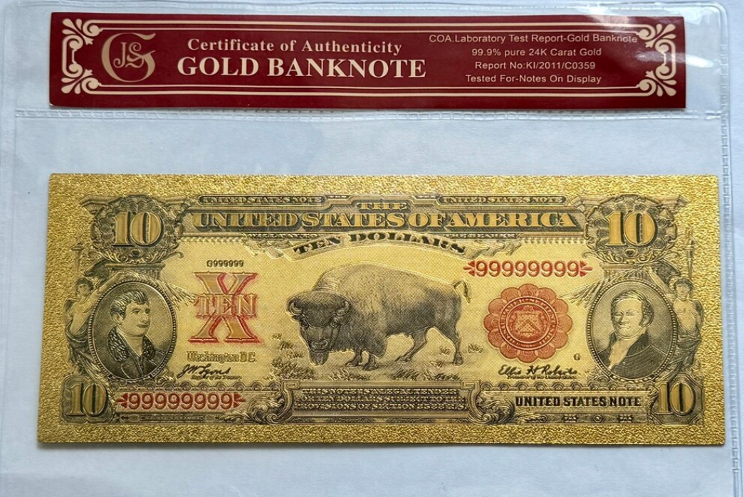 1901 Certificate "Bison" Banknote Gold-Foil W/ Protective Holder & COA