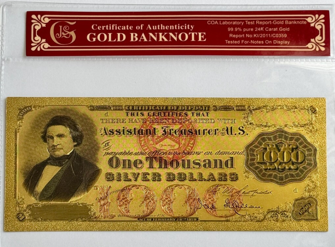 1878 Silver Certificate Gold-Foil Note. Protective Holder/ COA