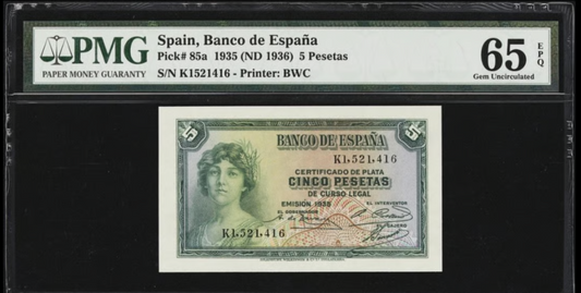 1935 Spain, Banco de Espana 5 Pesetas PMG 65EPQ