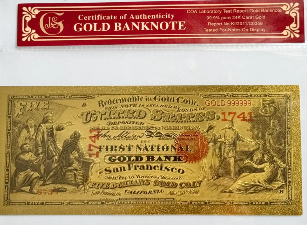 1875 First National Bank of San Francisco Gold-Foil Protective Holder/COA
