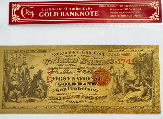 1875 First National Bank of San Francisco Gold-Foil Protective Holder/COA