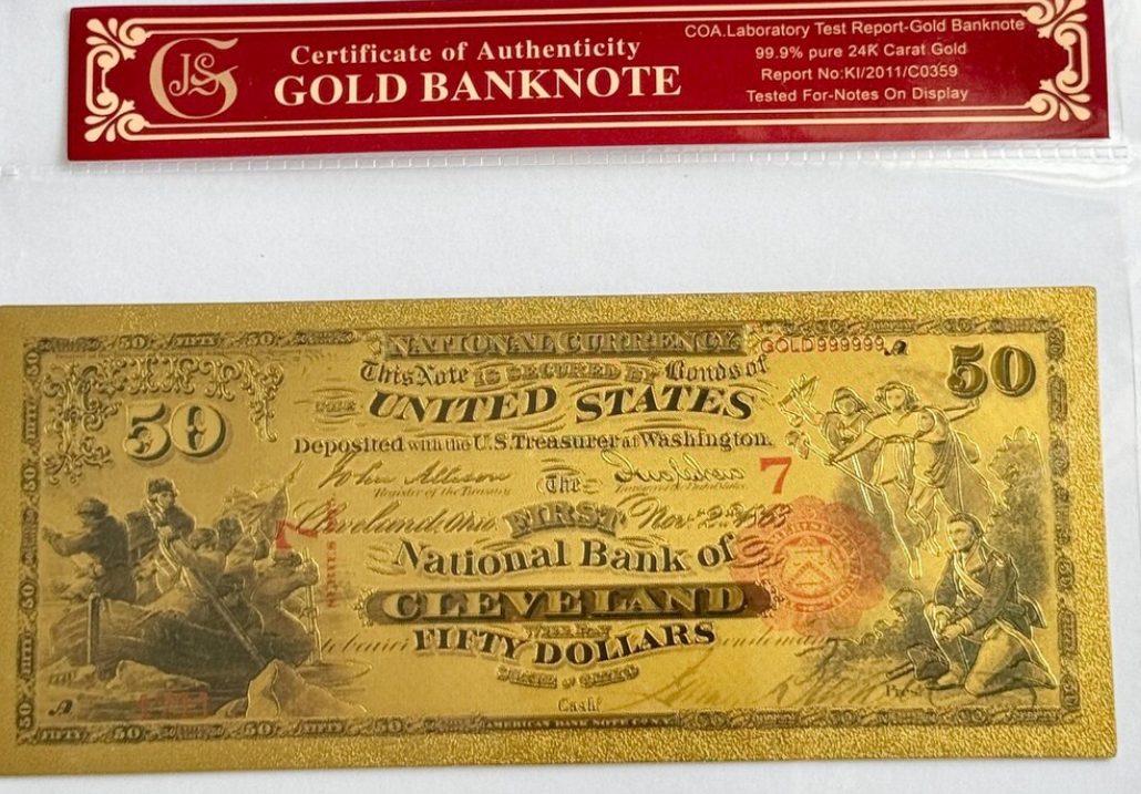 1875 US National Bank Cleveland 24K Gold Plated. Protective Holder/COA