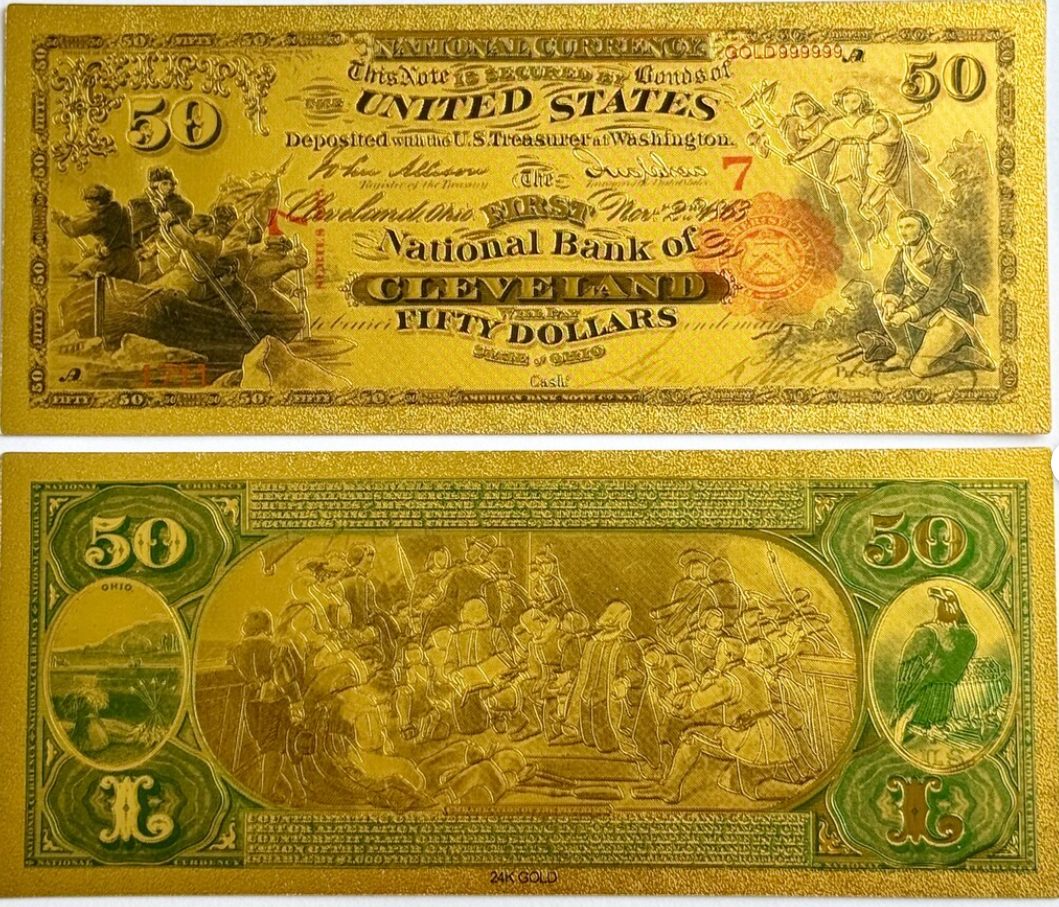 1875 US National Bank Cleveland 24K Gold Plated. Protective Holder/COA