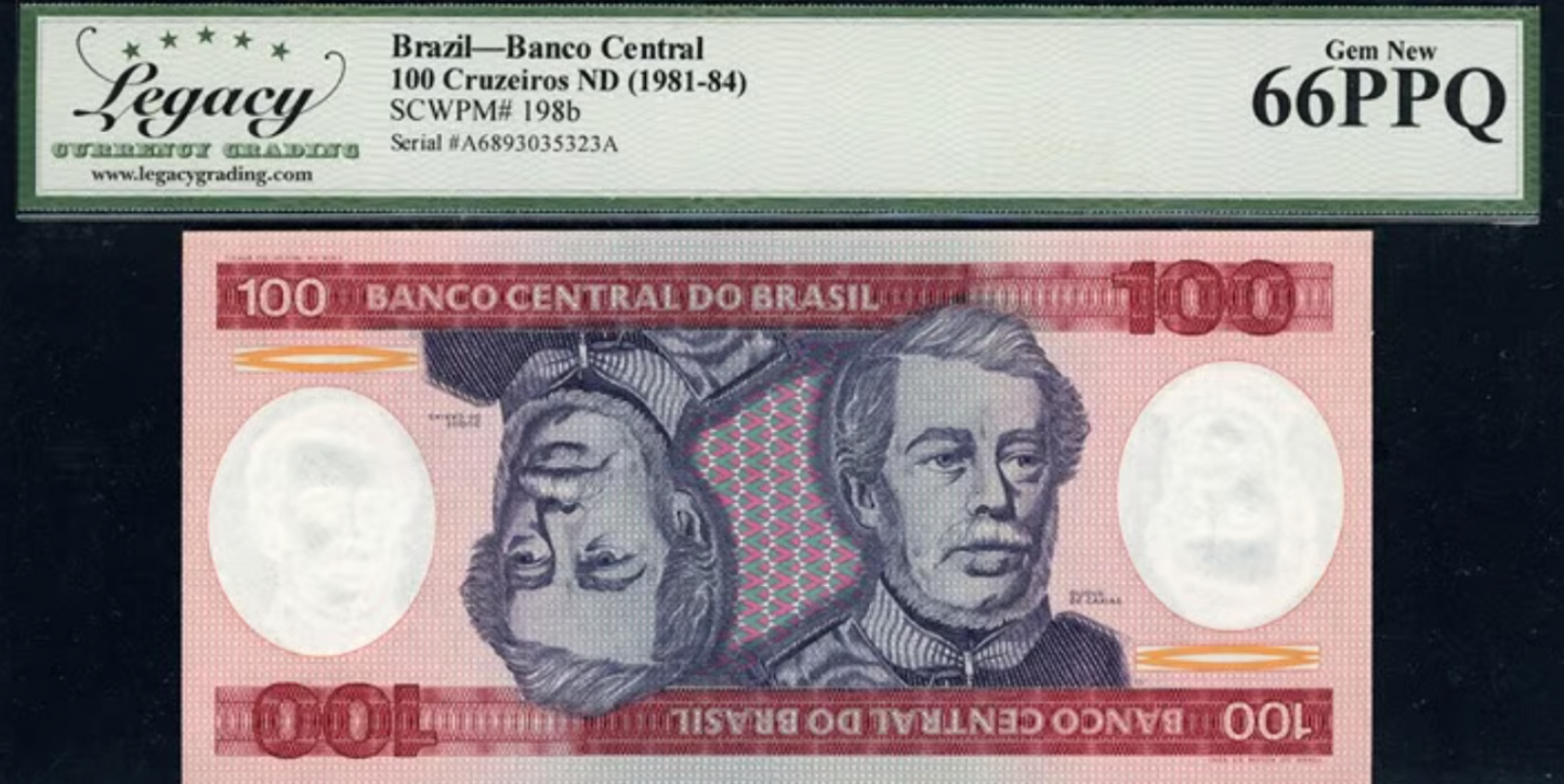 1981-84 Brazil 100 Cruzeiros Banco Central Note Legacy Gem New 66 PPQ