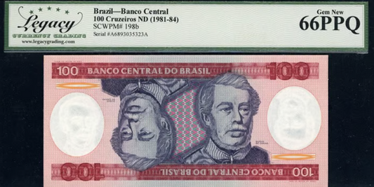 1981-84 Brazil 100 Cruzeiros Banco Central Note Legacy Gem New 66 PPQ