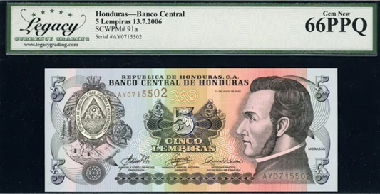 2006 5 Lempiras Banco Central de Honduras Note Legacy Gem New 66 PPQ