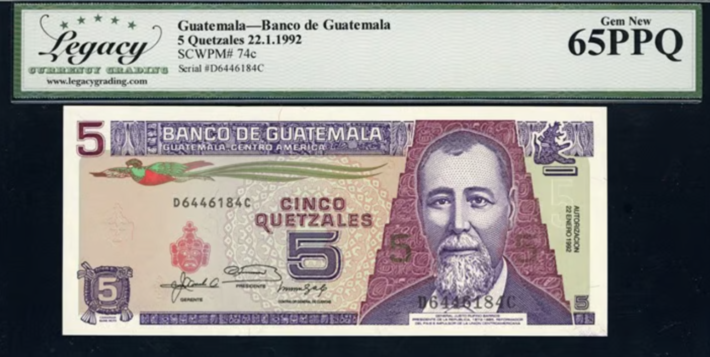1992 5 Quetzals Banco de Guatemala Note Legacy Gem New 65 PPQ