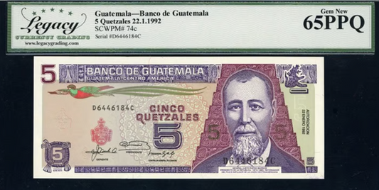1992 5 Quetzals Banco de Guatemala Note Legacy Gem New 65 PPQ