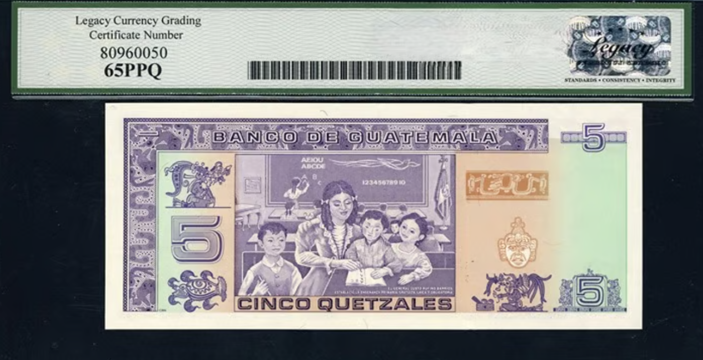 1992 5 Quetzals Banco de Guatemala Note Legacy Gem New 65 PPQ