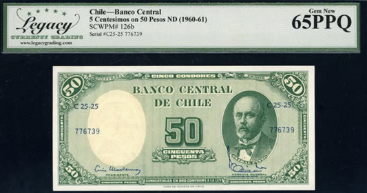 1960 Chile 5 Centesimos Banco Central Note Legacy Gem New 65 PPQ