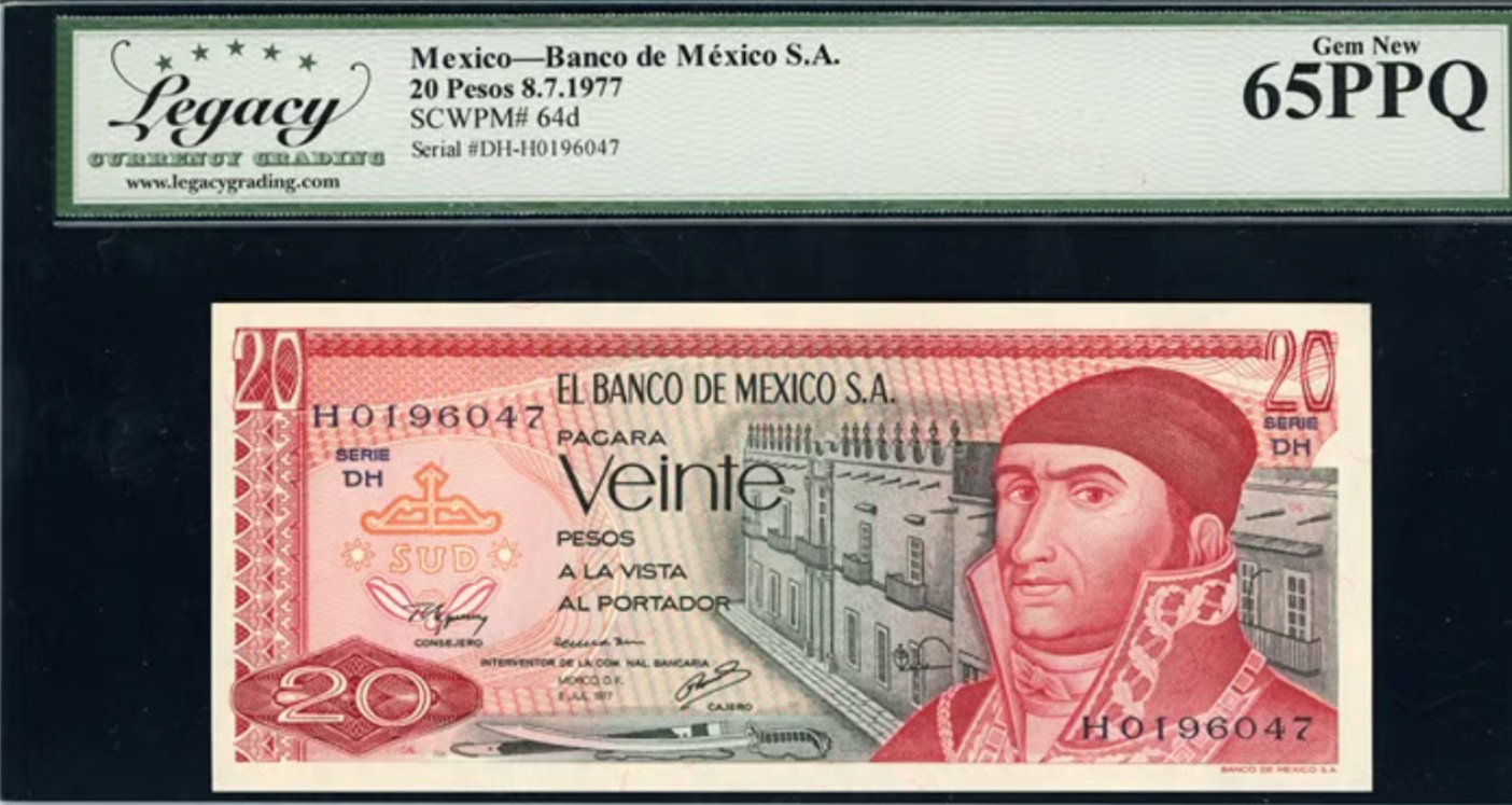 1977 20 Pesos Banco de Mexico Note Legacy Gem New 65 PPQ
