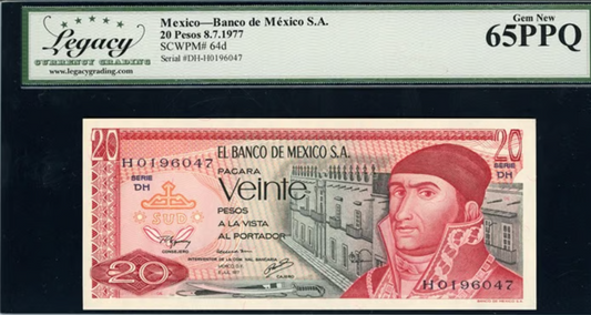 1977 20 Pesos Banco de Mexico Note Legacy Gem New 65 PPQ