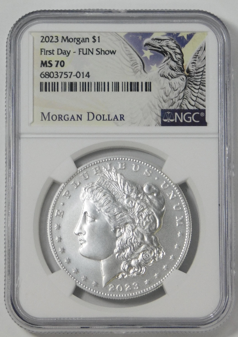 Special 2023 Morgan Silver Dollar First Day Release "FUN SHOW" Top Grade! MS70