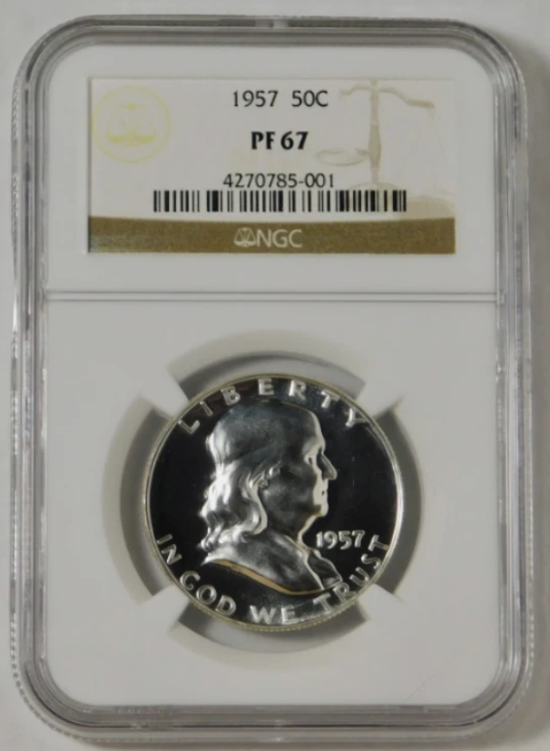 1957 Silver Franklin Half Dollar. GOOD GRADE! NGC Gem Proof 67