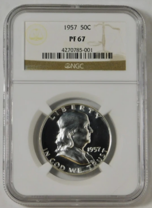 1957 Silver Franklin Half Dollar. GOOD GRADE! NGC Gem Proof 67