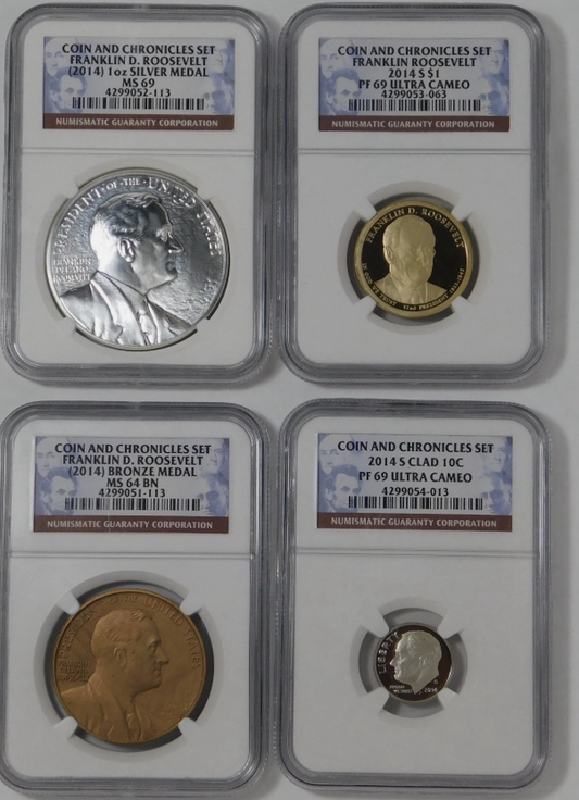2014 Franklin Roosevelt Coin and Chronicles Set NGC 2 Coins, 2 Medals