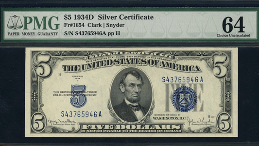 1934D $5 Silver Certificate Note Clark / Snyder PMG Choice Uncirculated 64