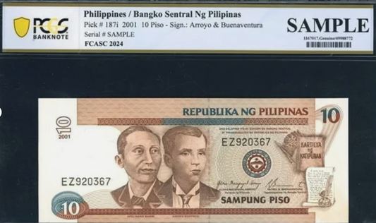 2001 10 Piso Bangko Sentral Ng Pilipinas Note PCGS "Sample" for FCAS Convention