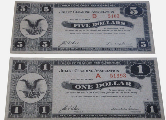 1933 $1 & $5 Joliet Clearing Association Depression Era Script