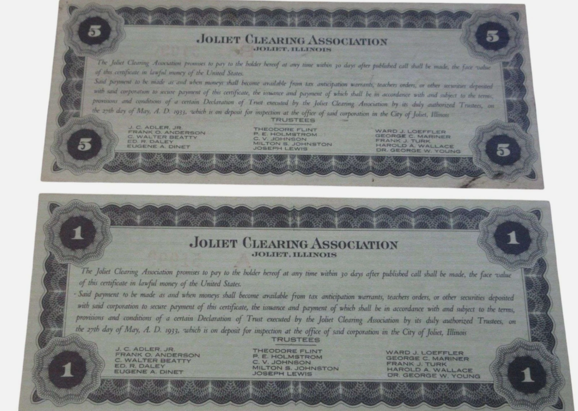 1933 $1 & $5 Joliet Clearing Association Depression Era Script