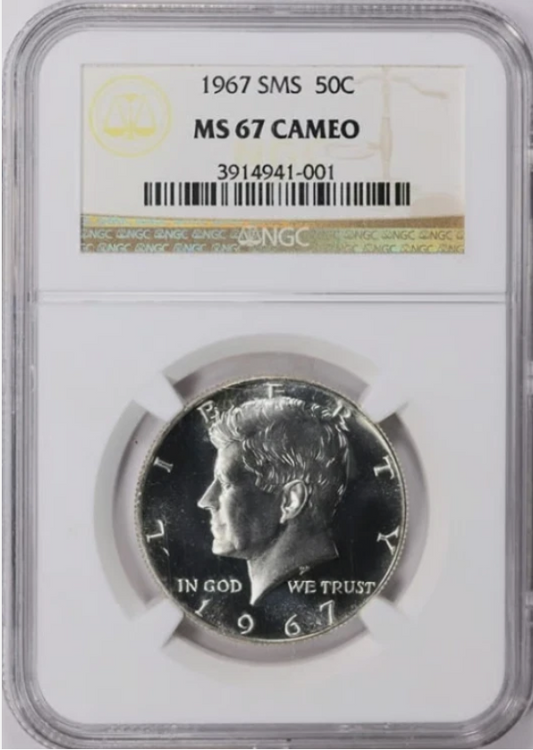1967 SMS" Silver Kennedy Half Dollar. Mint State 67 CAMEO