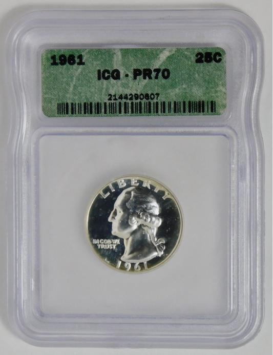 1961 Silver Washington Quarter TOP GRADE! ICG Proof 70
