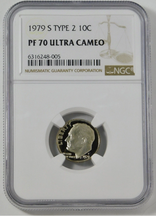 1979-S Roosevelt Dime Type 2 TOP GRADE! NGC Gem Proof 70 Ultra Cameo