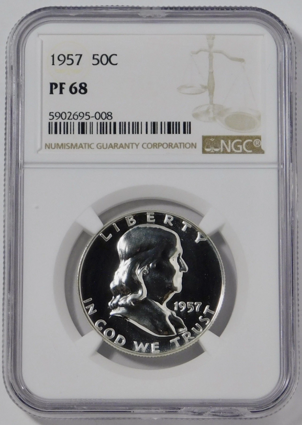 1957 Silver Franklin Half Dollar. HIGH GRADE! NGC Gem Proof 68