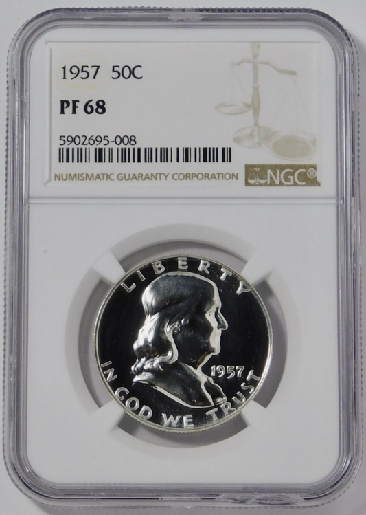 1957 Silver Franklin Half Dollar. HIGH GRADE! NGC Gem Proof 68