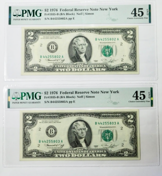 1976 $2 New York Federal Reserve Notes Sequential Pair PMG 45EPQ