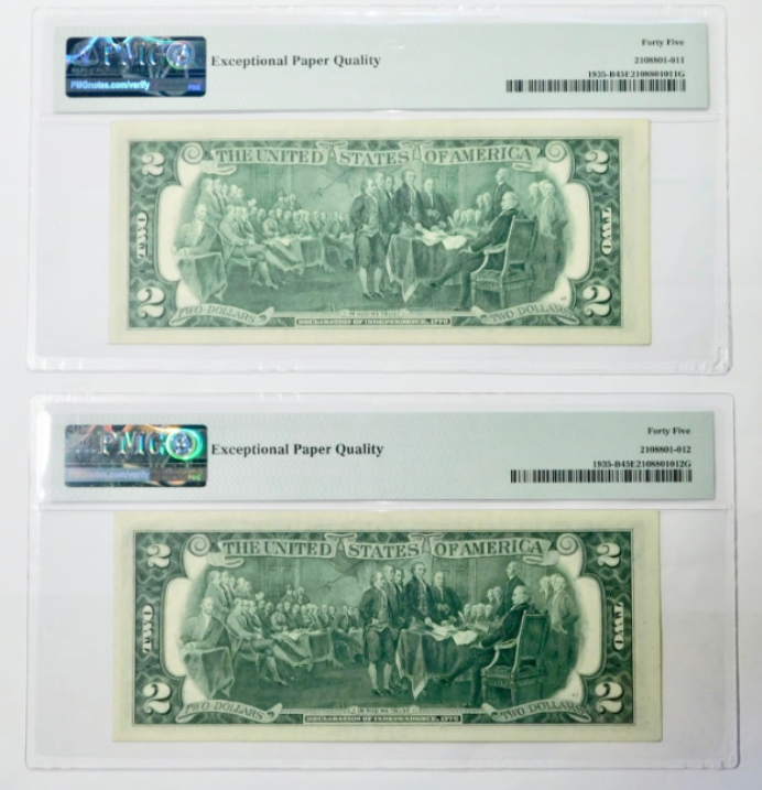 1976 $2 New York Federal Reserve Notes Sequential Pair PMG 45EPQ