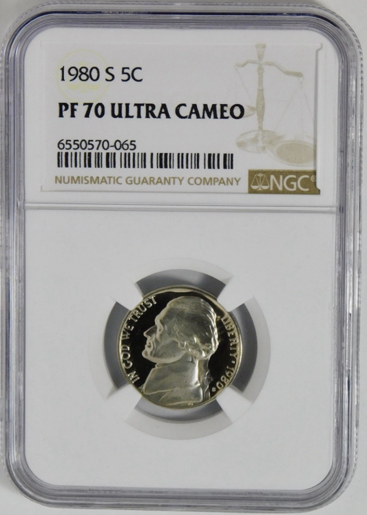 1980-S Jefferson Nickel TOP GRADE! NGC Gem Proof 70 Ultra Cameo